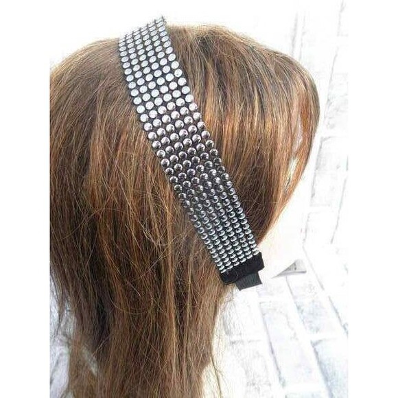 NEW by JUST BASIC, HEADWRAP, HEADBAND BLACK WITH SILVER TONE MULTIPLE ROWS  #2 - Picture 2 of 11